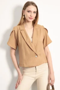 armonika Women's Camel Sleeve Slit Detailed Crop Short Sleeve Jacket - Image 2