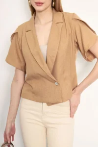 armonika Women's Camel Sleeve Slit Detailed Crop Short Sleeve Jacket - Image 3
