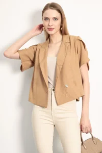 armonika Women's Camel Sleeve Slit Detailed Crop Short Sleeve Jacket - Image 4