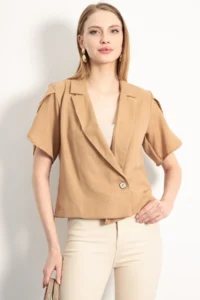 armonika Women's Camel Sleeve Slit Detailed Crop Short Sleeve Jacket - Image 5