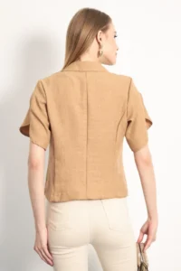 armonika Women's Camel Sleeve Slit Detailed Crop Short Sleeve Jacket - Image 6