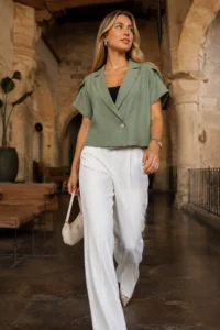 armonika Women's Green Slit Detailed Crop Short Sleeve Jacket
