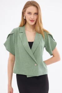 armonika Women's Green Slit Detailed Crop Short Sleeve Jacket - Image 2