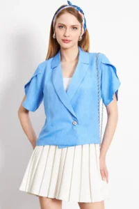 armonika Women's Light Blue Slit Detailed Crop Short Sleeve Jacket - Image 2