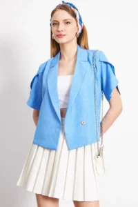 armonika Women's Light Blue Slit Detailed Crop Short Sleeve Jacket - Image 3