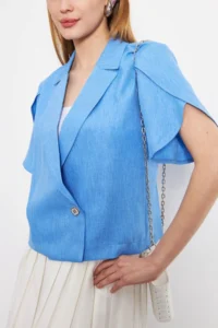 armonika Women's Light Blue Slit Detailed Crop Short Sleeve Jacket - Image 4
