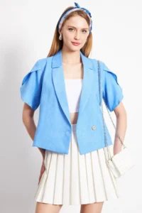 armonika Women's Light Blue Slit Detailed Crop Short Sleeve Jacket - Image 5