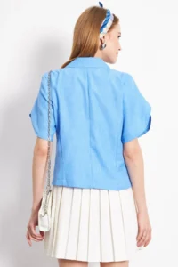 armonika Women's Light Blue Slit Detailed Crop Short Sleeve Jacket - Image 6