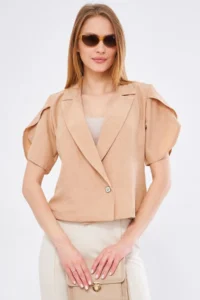 armonika Women's Mink Ikosiokto Jacket Slit Detailed Crop Short Sleeve - Image 2