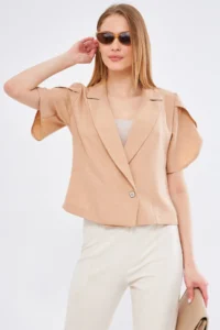 armonika Women's Mink Ikosiokto Jacket Slit Detailed Crop Short Sleeve - Image 3