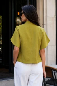 armonika Women's Pistachio Green Slit Detailed Crop Short Sleeve Jacket - Image 2