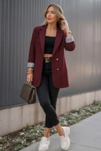 armonika Women's Burgundy Double Breasted Collar Sleeve Folding Detailed Oversize Padded Blazer Jacket