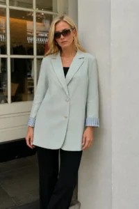 armonika Women's Mint Double Breasted Collar Sleeve Folding Detailed Oversize Padded Blazer Jacket - Image 2