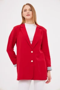 armonika Women's Red Double Breasted Collar Sleeve Folding Detailed Oversize Padded Blazer Jacket - Image 2