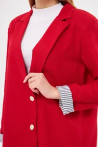 armonika Women's Red Double Breasted Collar Sleeve Folding Detailed Oversize Padded Blazer Jacket - Image 3