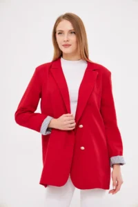 armonika Women's Red Double Breasted Collar Sleeve Folding Detailed Oversize Padded Blazer Jacket - Image 4