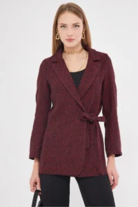 armonika Women's Burgundy Side Tie Herringbone Patterned Stitch Jacket