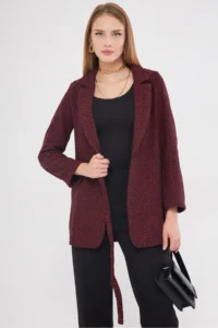 armonika Women's Burgundy Side Tie Herringbone Patterned Stitch Jacket - Image 2