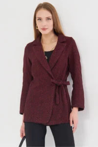 armonika Women's Burgundy Side Tie Herringbone Patterned Stitch Jacket - Image 3
