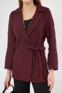 armonika Women's Burgundy Side Tie Herringbone Patterned Stitch Jacket - Image 4