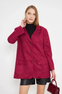 armonika Women's Claret Red Collar Pocket Flap Buttons Padded Premium Suede Oversize Jacket - Image 2