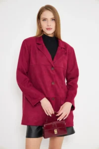 armonika Women's Claret Red Collar Pocket Flap Buttons Padded Premium Suede Oversize Jacket - Image 3