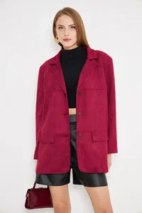 armonika Women's Claret Red Collar Pocket Flap Buttons Padded Premium Suede Oversize Jacket - Image 4