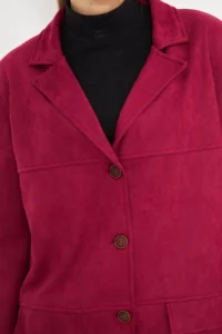 armonika Women's Claret Red Collar Pocket Flap Buttons Padded Premium Suede Oversize Jacket - Image 5