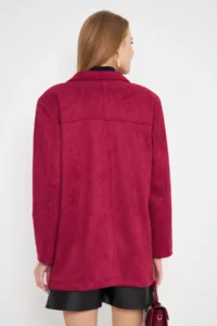 armonika Women's Claret Red Collar Pocket Flap Buttons Padded Premium Suede Oversize Jacket - Image 6