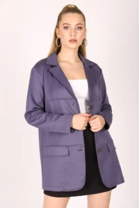 armonika Women's Dark Blue Collar Pocket Flap Buttons Padded Premium Suede Oversize Jacket - Image 2