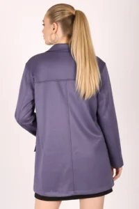 armonika Women's Dark Blue Collar Pocket Flap Buttons Padded Premium Suede Oversize Jacket - Image 3
