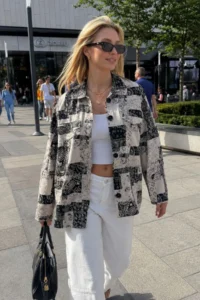 armonika Women's Beige Patterned Pocket Detailed Shirt Jacket