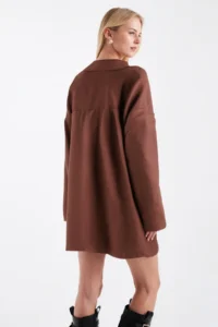 armonika Women's Light Brown Men's Collar Side Slits Oversize Jacket - Image 3