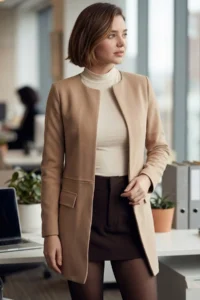 armonika Women Beige Beli stitched LONG Jacket - Image 2