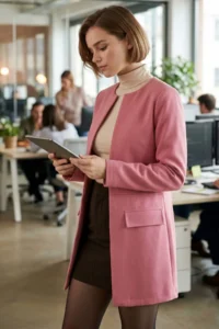 armonika Women's Dusty Rose Long Jacket with Stitched Waist - Image 2