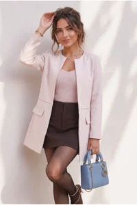 armonika Women's Light Beige Long Jacket with Stitched Waist
