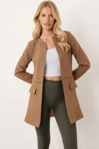 armonika Women's Light Brown Long Jacket with Stitched Waist - Image 2