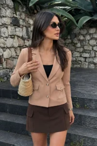 armonika Women's Beige Men's Collar Square Pocket Crop Jacket