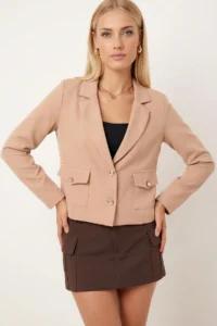 armonika Women's Beige Men's Collar Square Pocket Crop Jacket - Image 2