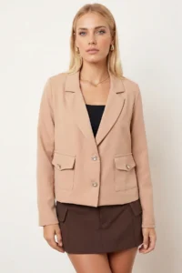 armonika Women's Beige Men's Collar Square Pocket Crop Jacket - Image 3