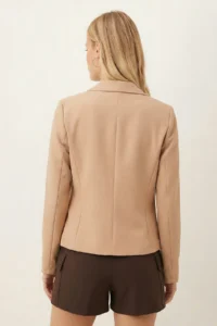 armonika Women's Beige Men's Collar Square Pocket Crop Jacket - Image 4