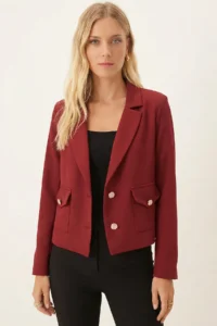 armonika Women's Claret Red Men's Collar Square Pocket Crop Jacket - Image 2