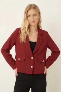 armonika Women's Claret Red Men's Collar Square Pocket Crop Jacket - Image 3