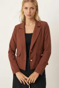 armonika Women's Dark Brown Men's Collar Square Pocket Crop Jacket