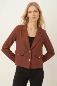armonika Women's Dark Brown Men's Collar Square Pocket Crop Jacket - Image 2