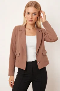 armonika Women's Dark Mink Men's Collar Square Pocket Crop Jacket