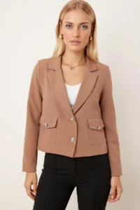armonika Women's Dark Mink Men's Collar Square Pocket Crop Jacket - Image 2