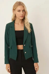 armonika Women's Emerald Men's Collar Square Pocket Crop Jacket