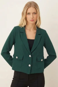 armonika Women's Emerald Men's Collar Square Pocket Crop Jacket - Image 2