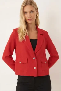 armonika Women's Red Men's Collar Square Pocket Crop Jacket - Image 2